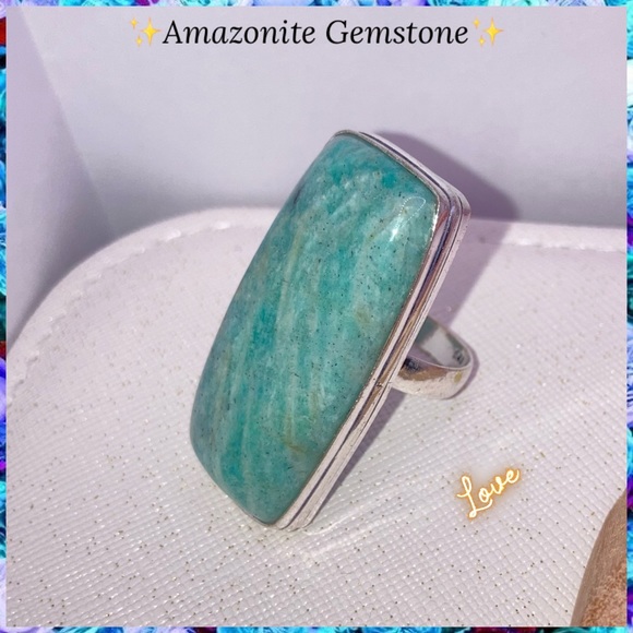 Baguette Cut Amazonite Gemstone Handmade Ring - Picture 4 of 6